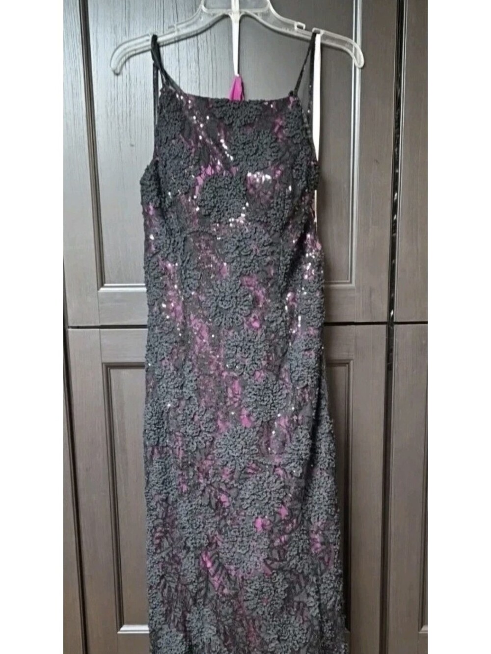 Terani Couture Black Lace Maxi with Fushia Sheen